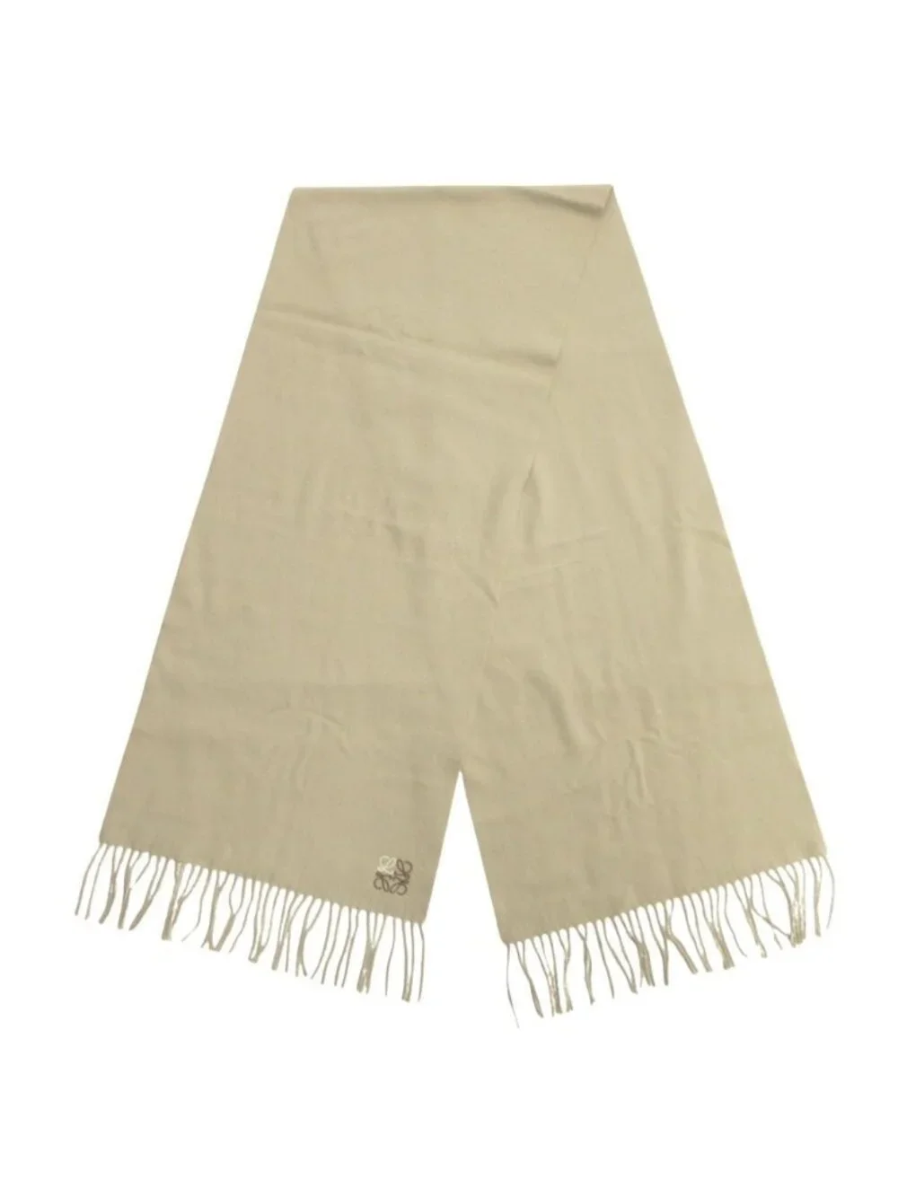 Loewe Cashmere Scarf Anagram Embroidery Logo Shawl Fringe Beige
